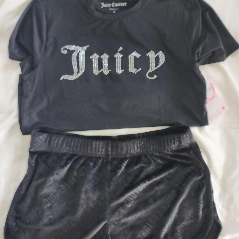 Juicy Couture Black Rhinestone Tee & Embossed Velour Sleep Shorts Lounge Set NWT